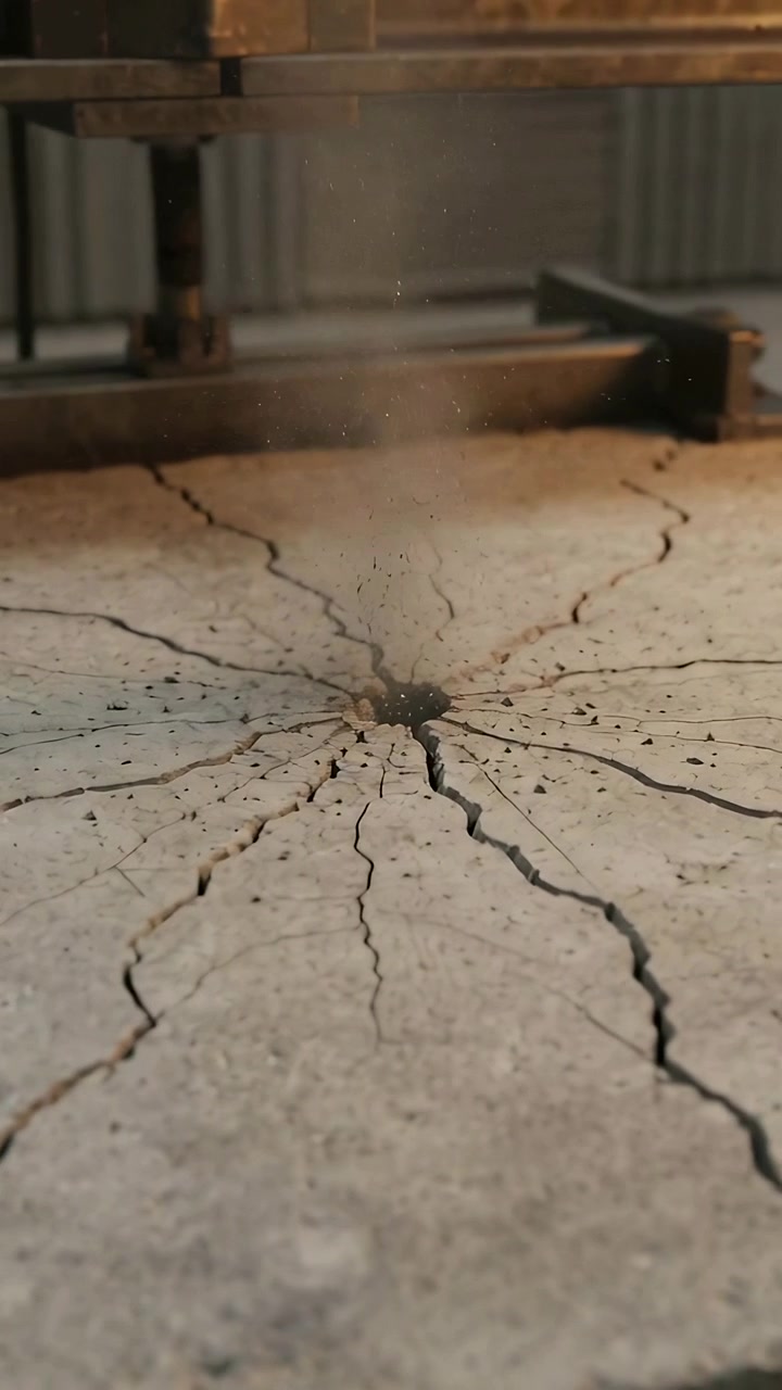 Video verticale: Ariete che si abbassa e colpisce una lastra di cemento in officina per creare una perforazione, con espulsione di polvere.