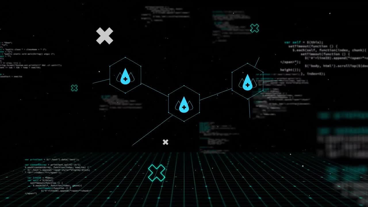 Animation of medical icons and data processing on black background