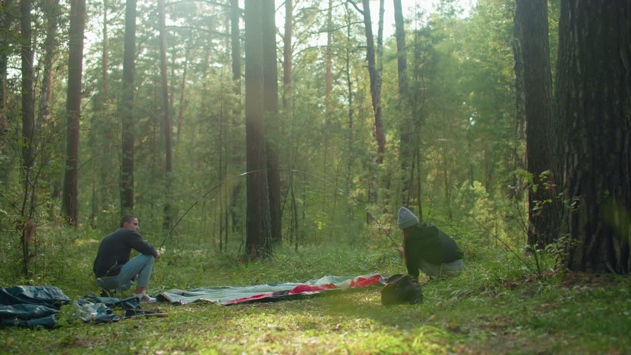 Young man squats holding flexible tent pole while woman balances other end and lifts tent fabric during setup in lush forest, sunlight glows gently through trees, illuminating their teamwork