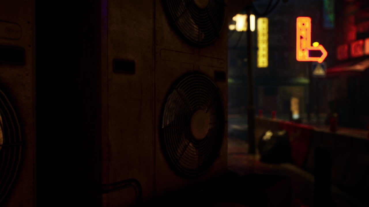 네온 불빛으로 밤에 어두운 도시 거리