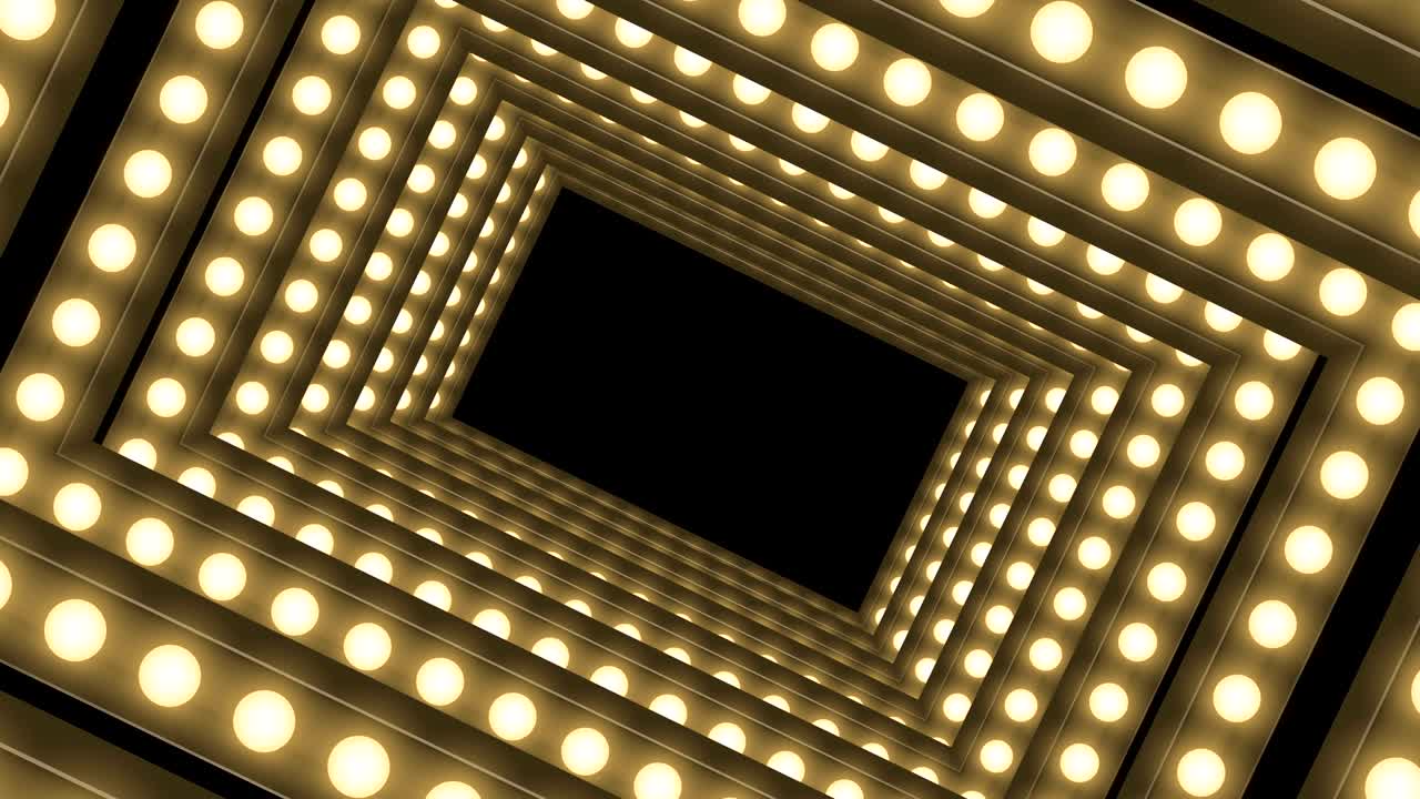 터널 불꽃 전구 상자 프레임 직사각형 모양 회전 움직이는 패턴, 레트로 3d 가상 스타일 일러스트레이션 어두운 배경에서 반이는 원활한 루핑 애니메이션 4k, 복사 공간