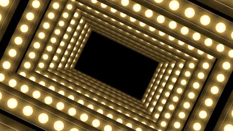 caja de bombilla incandescente de túnel marco rectángulo forma remolino girar patrón en movimiento, retro 3d estilo virtual ilustración brillo en fondo oscuro animación de bucle sin costuras 4k, con espacio de copia