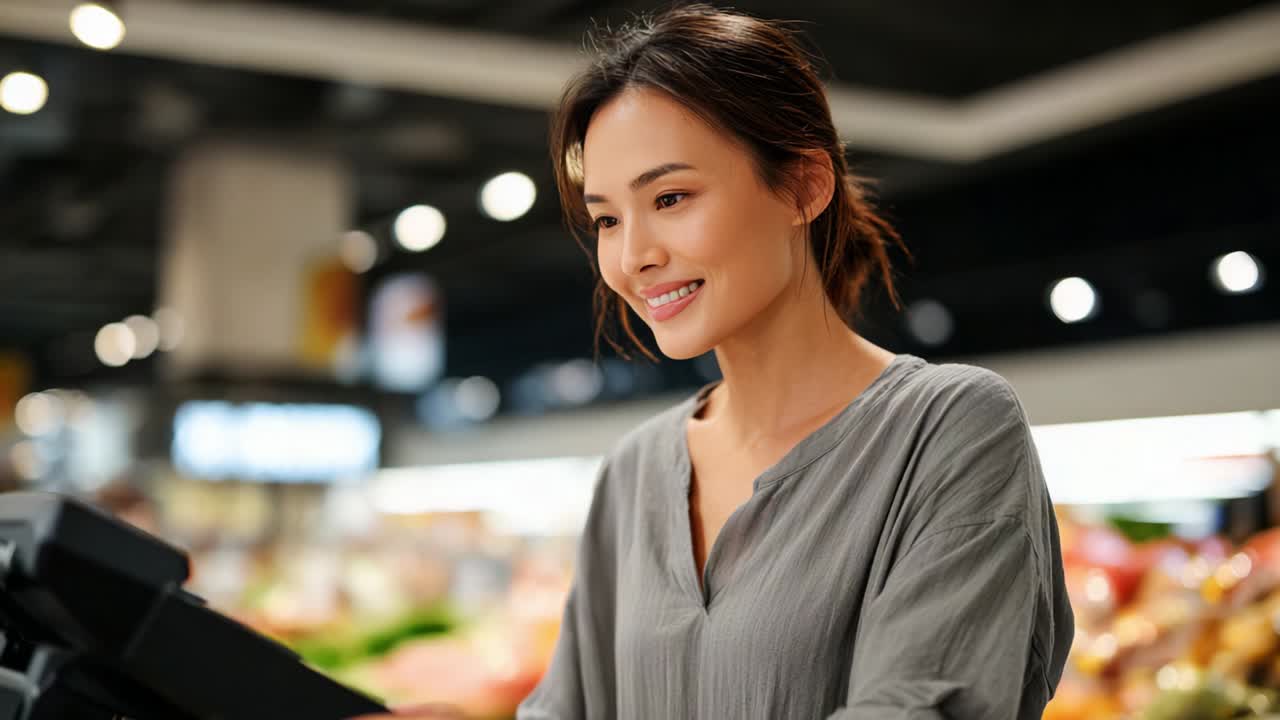 A young woman working at a grocery store checkout, engaging with a customer, showcasing her friendly demeanor and professionalism while handling a transaction efficiently