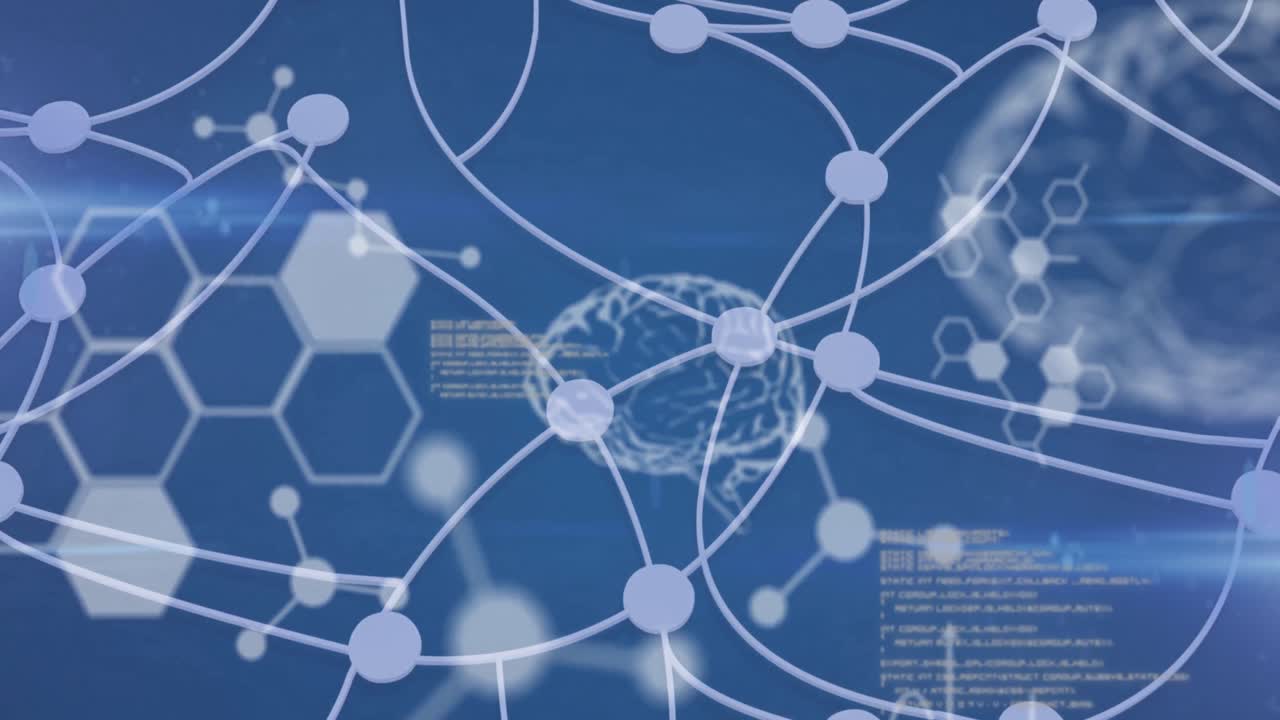 의료 데이터 처리, 인간 뇌, 분자 및 화학 화합물 구조의 애니메이션