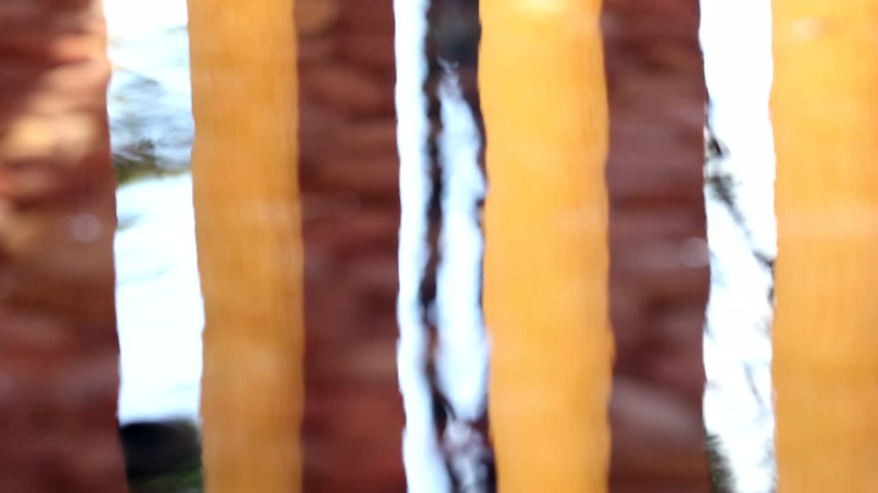 arquitectura de pilares naranjas patrones reflejados en el agua