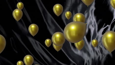 animation of gold balloons with silver light trails on black background