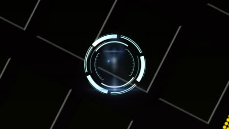 digital animation of neon round scanner against white lines on black background