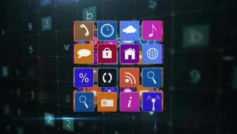 iconos en línea y de aplicaciones en cuadrados en fondo futurista