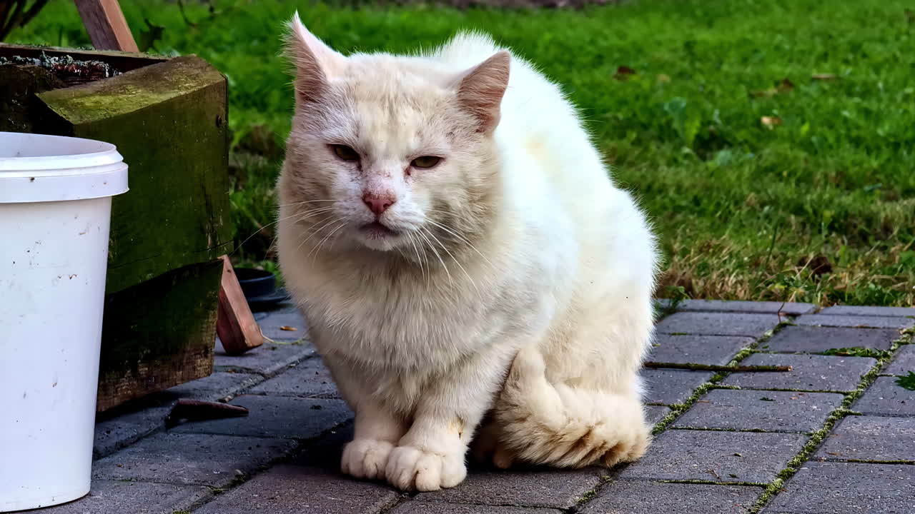 gato callejero blanco y sucio al aire libre, de cerca