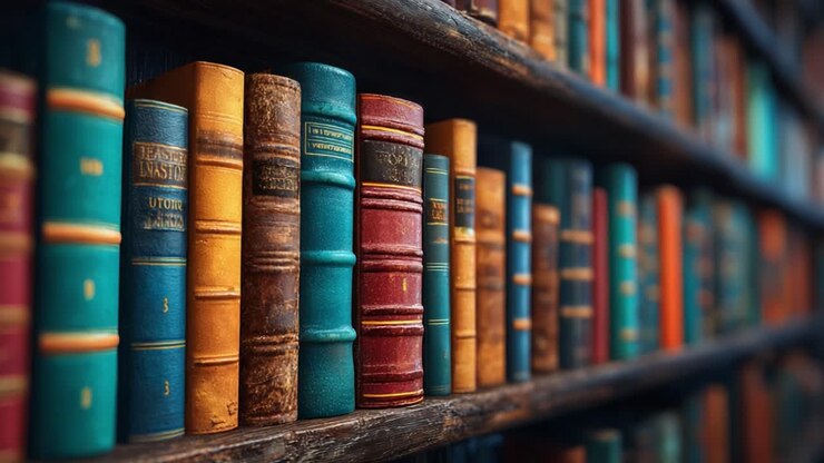 Un'affascinante esposizione di libri antichi rilegati in pelle su uno scaffale di legno, che mostra una ricca palette di colori e texture disponibili per l'esplorazione letteraria