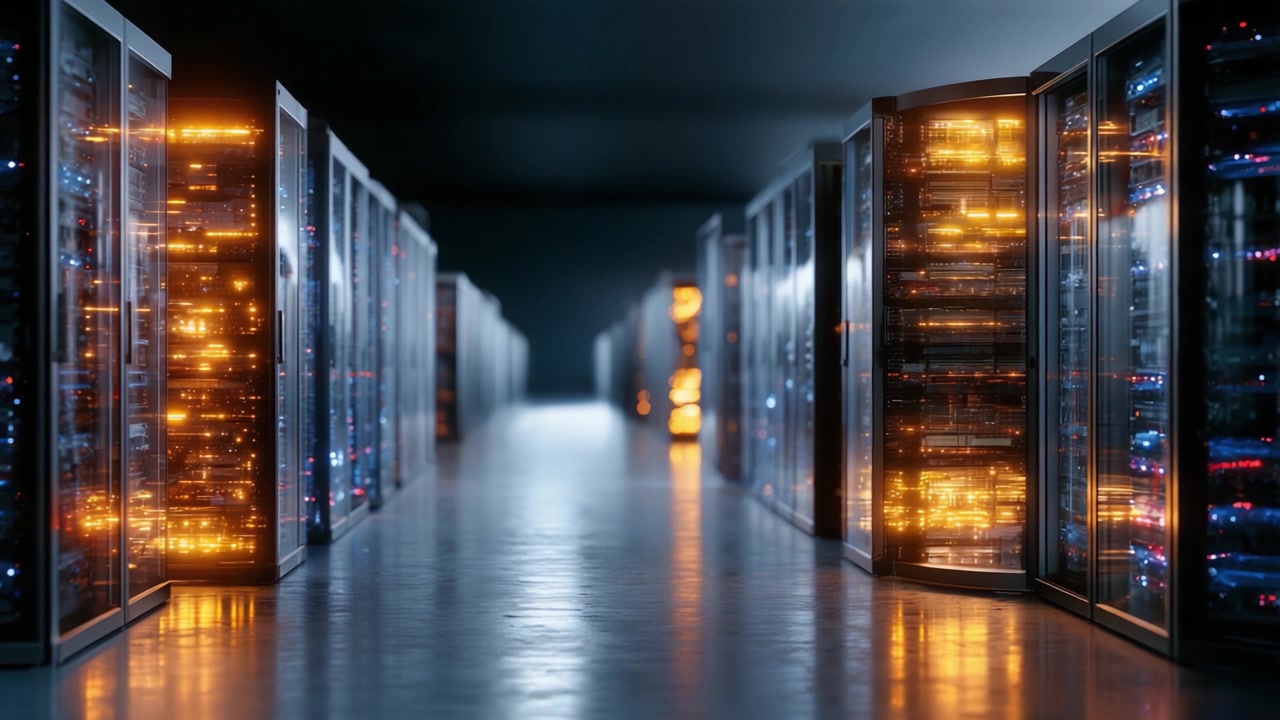 A Modern Data Center Interior Showcasing Rows of High-Tech Servers with Illuminated Components, Illustrating Advanced Digital Infrastructure and Technology
