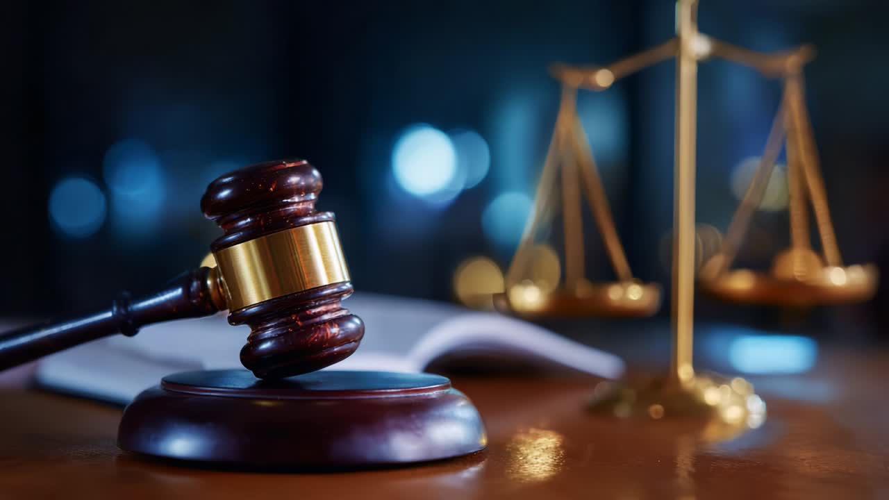 A Close-Up Perspective of a Gavel and Scales of Justice, Highlighting the Symbolism of Law and Order in a Legal Setting, Surrounded by a Blurred Background for Dramatic Effect