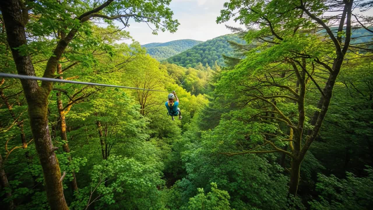 A Thrilling Journey Through the Lush Green Forests on a Zip Line Adventure, Soaring Above the Treetops and Enjoying the Scenic Beauty of Nature's Wonders