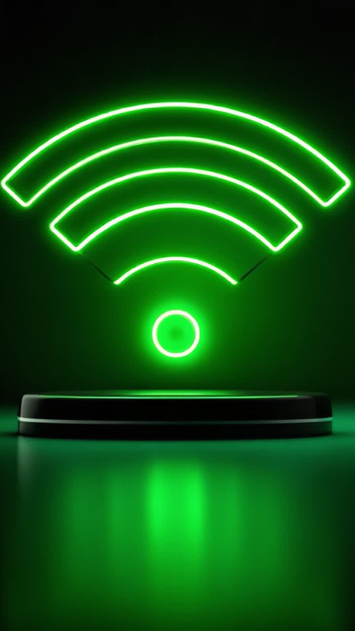 Simbolo Wi-Fi verde illuminato che mostra la connettività in un moderno ambiente digitale con vivaci effetti neon e una superficie lucida che riflette lo sfondo.