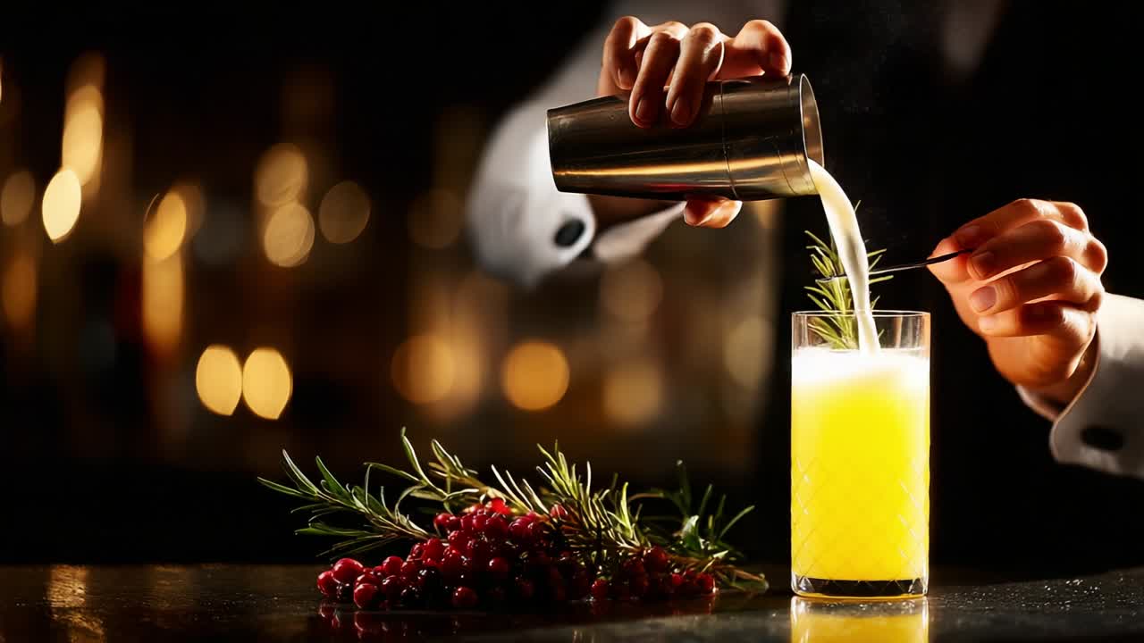 Crafting a Refreshing Cocktail: An Expert Bartender Skillfully Shakes and Garnishes a Bright Yellow Drink with Fresh Rosemary and Berries in a Dimly Lit, Elegant Bar Setting