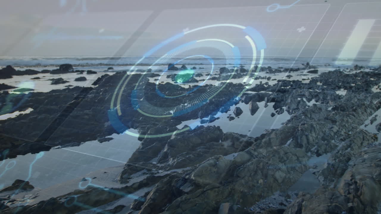 сканирование скалистого прибрежного ландшафта, футуристическая радарная анимация в действии