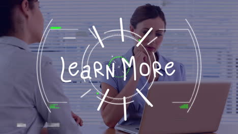 animation of learn more text and financial data processing over business people