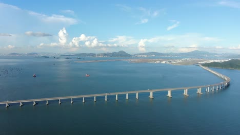 Hong-Kong-Zhuhai-Macau-Bridge-on-a-beautiful-day,-wide-angle-aerial-view