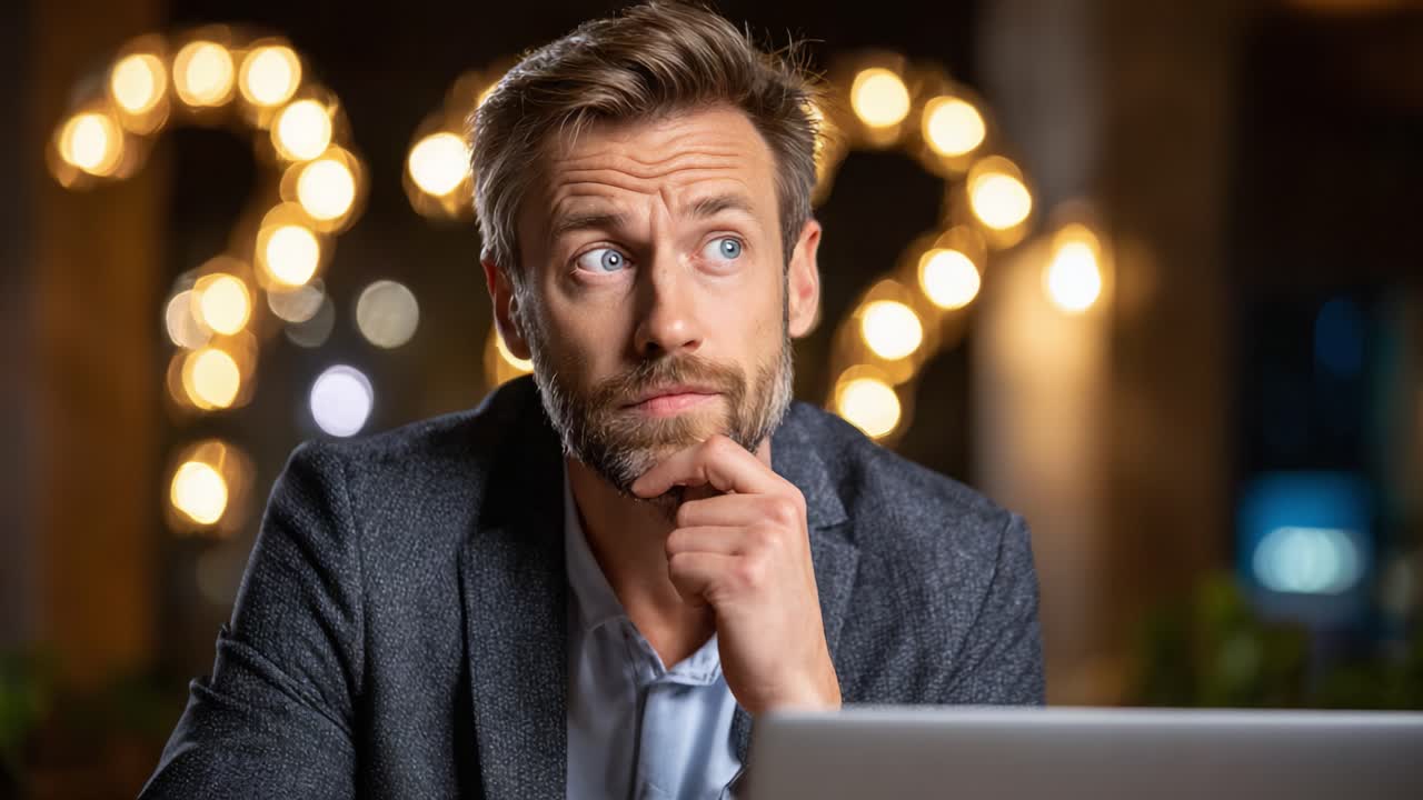 Contemplative Man in Professional Attire Ponders Over Choices and Decisions with a Thoughtful Expression, Backdrop of Soft Bokeh Lights Creating an Introspective Atmosphere