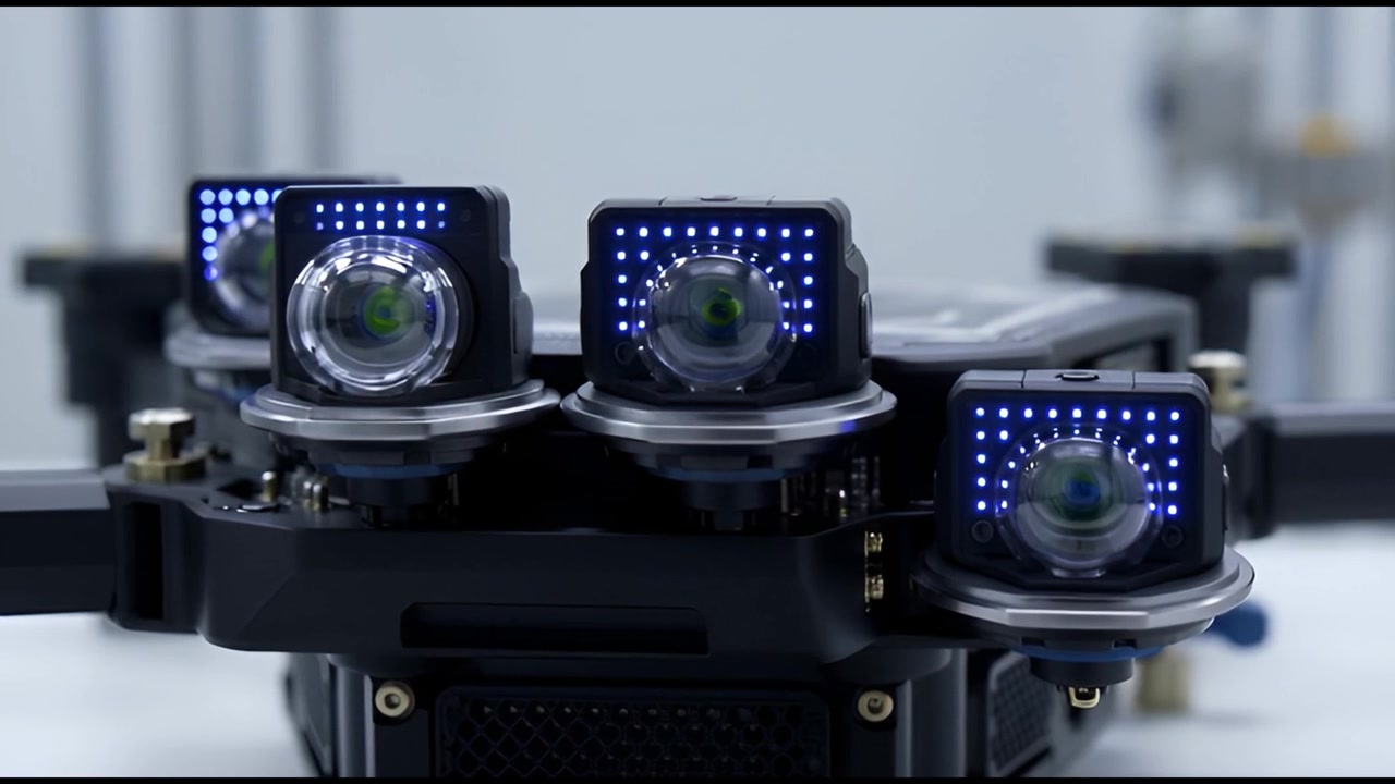 Primo piano di telecamere di droni con luci LED blu che si attivano