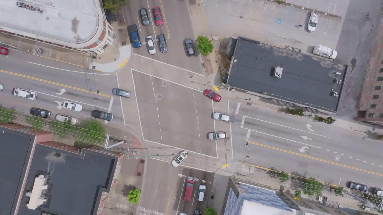 A top-down view of a busy Market Street intersection captures cars in motion and sharply defined lane markings framed by city sidewalks and rooftops