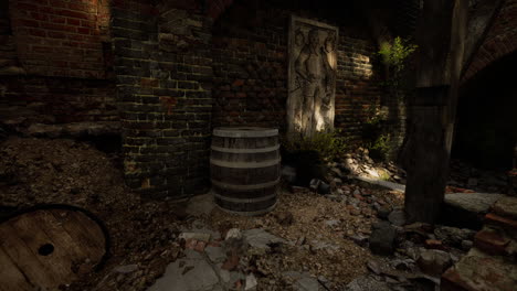 old stone cellar featuring a wooden barrel and ancient wall artwork