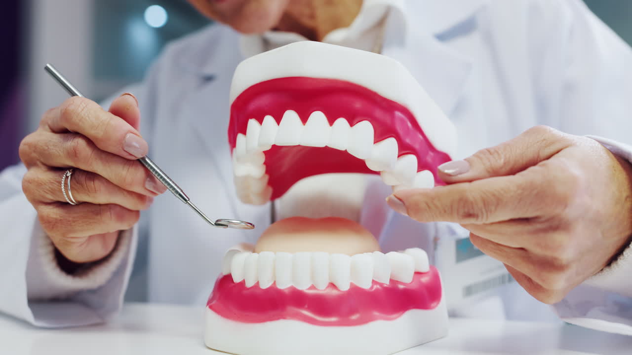 치과의사가 치과 모델을 검사하고 있습니다.