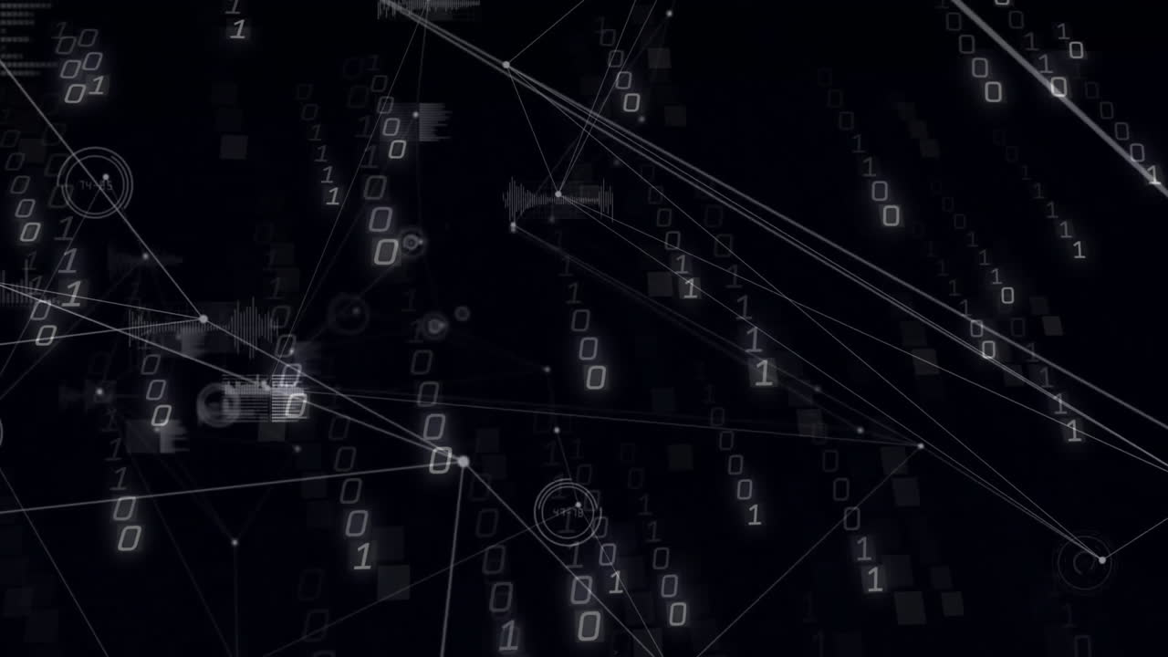 Binary code and network connections creating digital data processing animation