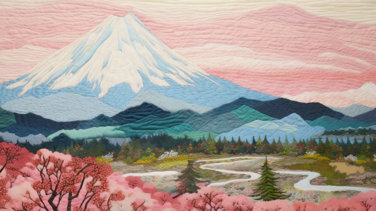 Vue aérienne d'un paysage aux allures de courtepointe, avec une montagne, une rivière et des cerisiers en fleurs.