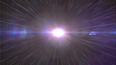 animación digital de un punto brillante de luz y el destello de la lente contra la red de cuadrícula sobre un fondo negro