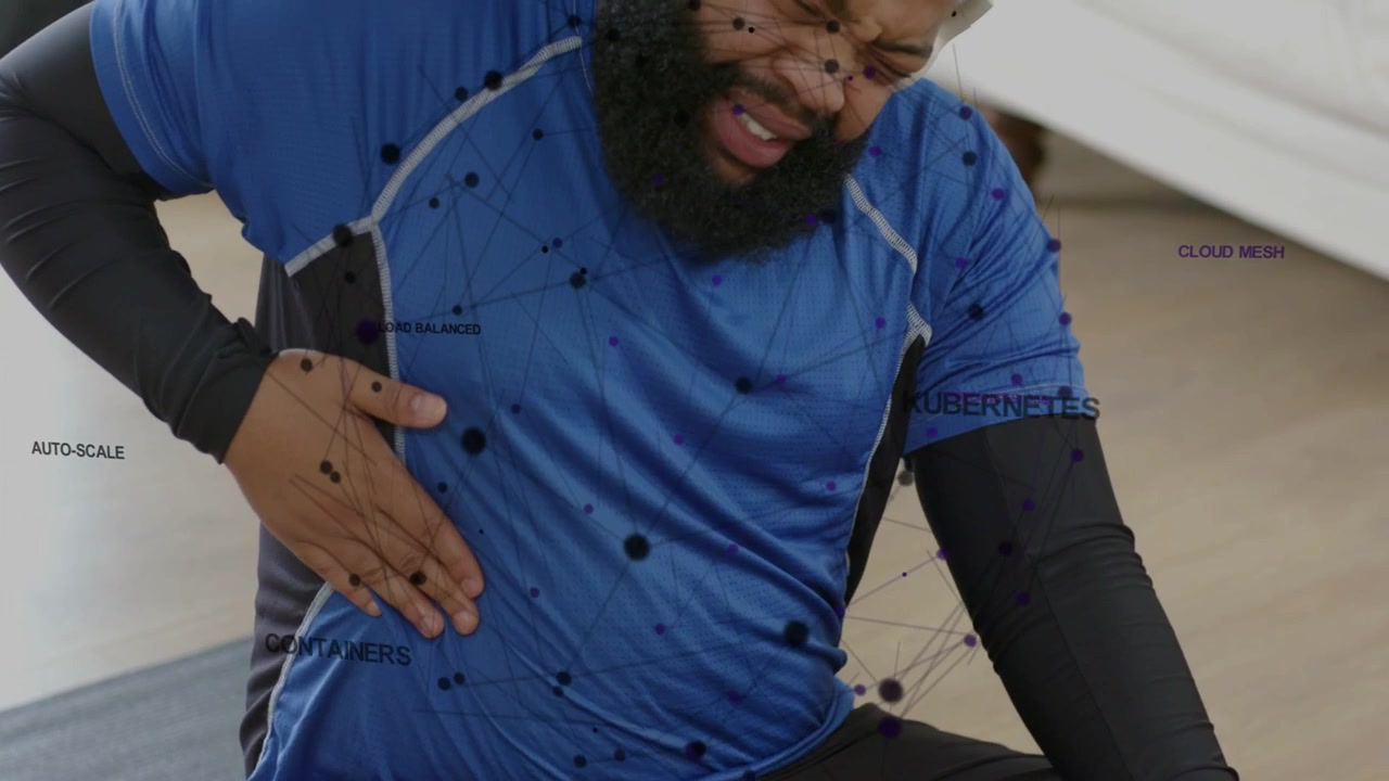Man pressing right flank on mat, Kubernetes network overlay rising and causing side pain reaction
