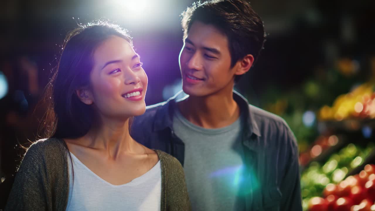 A Couple Experiences a Joyful Moment Together in a Market, Surrounded by Fresh Produce and Vivid Colors, Capturing the Essence of Connection and Happiness in Their Smiles and Glances