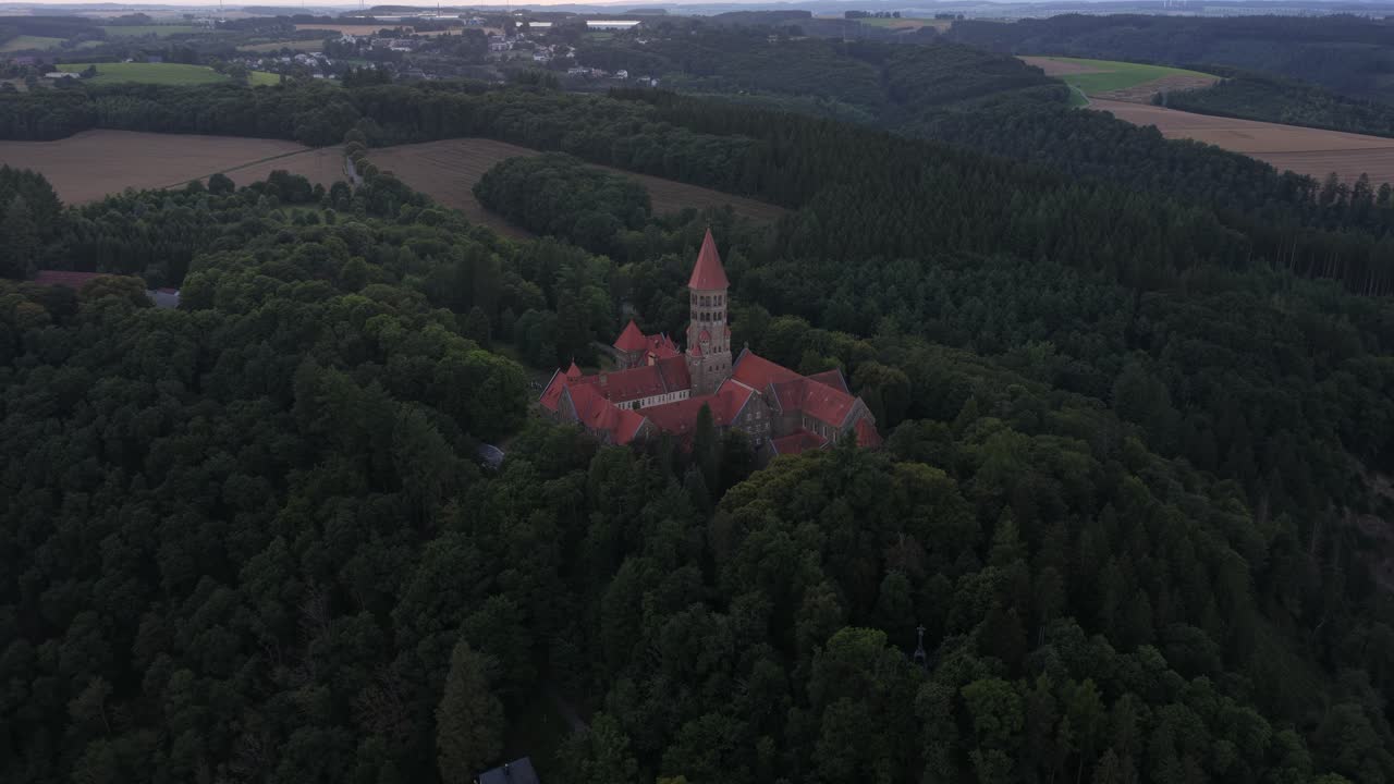 The Monastery Abbey of Clairvaux, Luxembourg. Aerial video. Historic building. Benediktinerabtei hellege Moritz, Abbaye Saint-Maurice et Saint-Maur de Clervaux