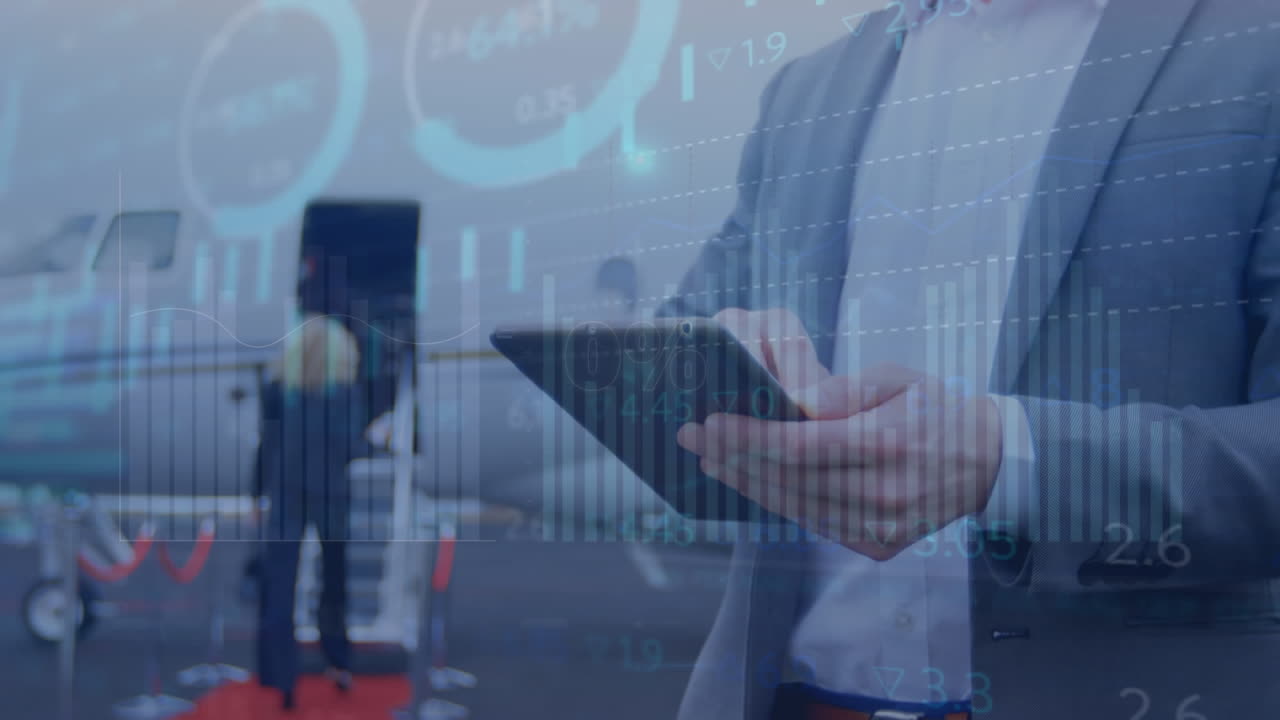 Animation of financial data processing over caucasian businessman using tablet