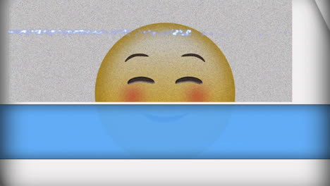 animación digital de tv efecto estático sobre el emoji de la cara sonriente sobre fondo blanco y azul
