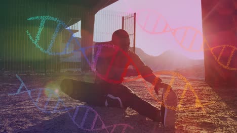 múltiples estructuras de adn contra afroamericano hombre en forma realizando ejercicios de estiramiento al aire libre