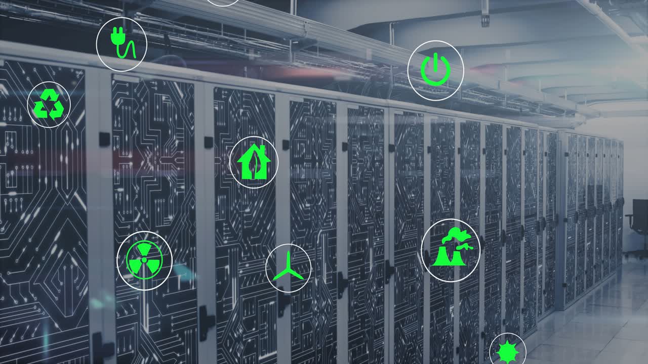 Initial icons appearing, green symbols drifting up-right over server racks, showing energy flow