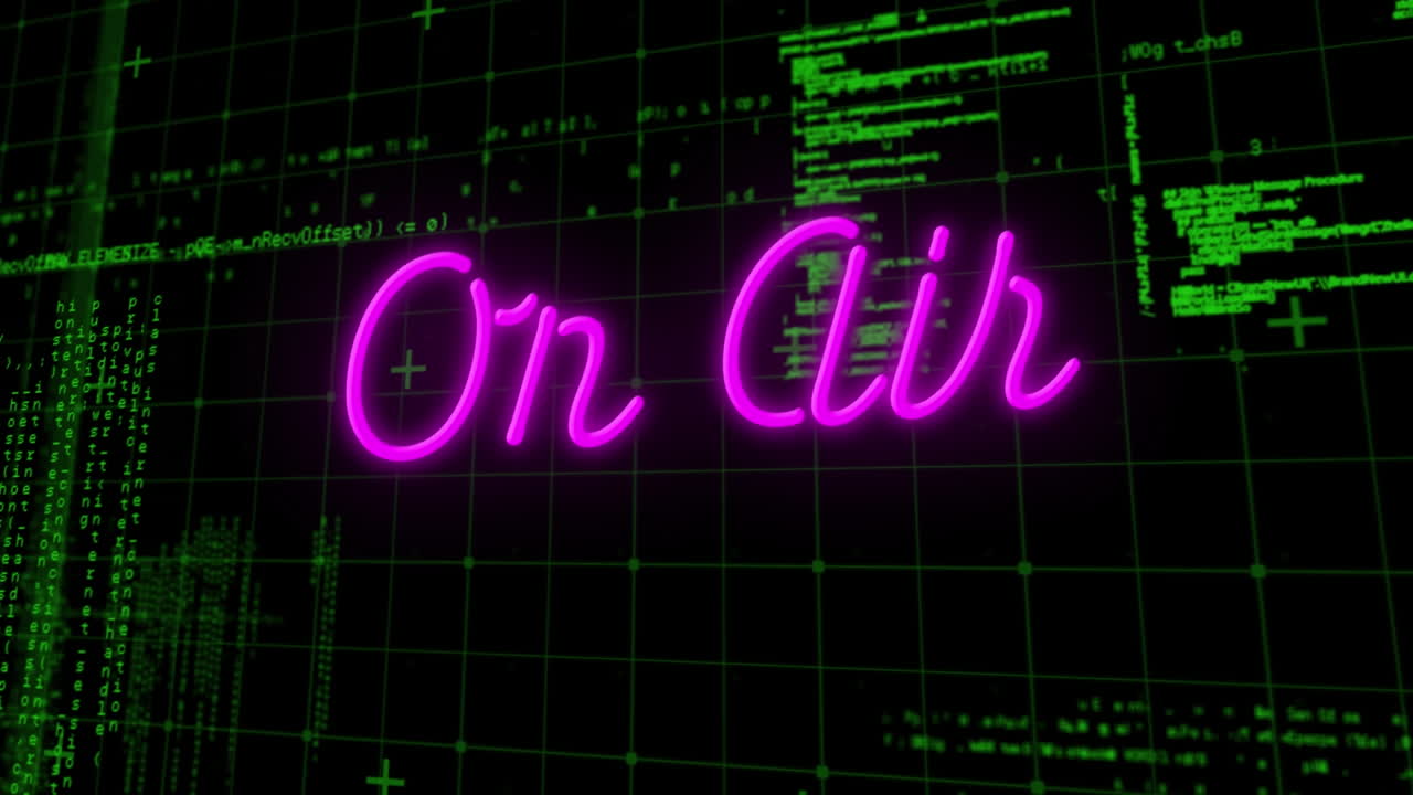 Animation of on air neon text with data processing on black background