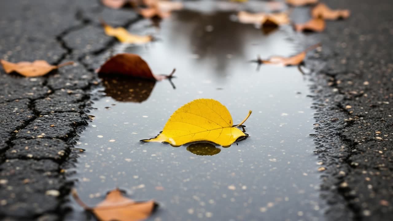 A Serene Autumn Scene of Yellow Leaves Floating on a Rain-Infused Puddle Reflecting the Tranquil Beauty of Nature Amidst the Cracks of a Weathered Pathway