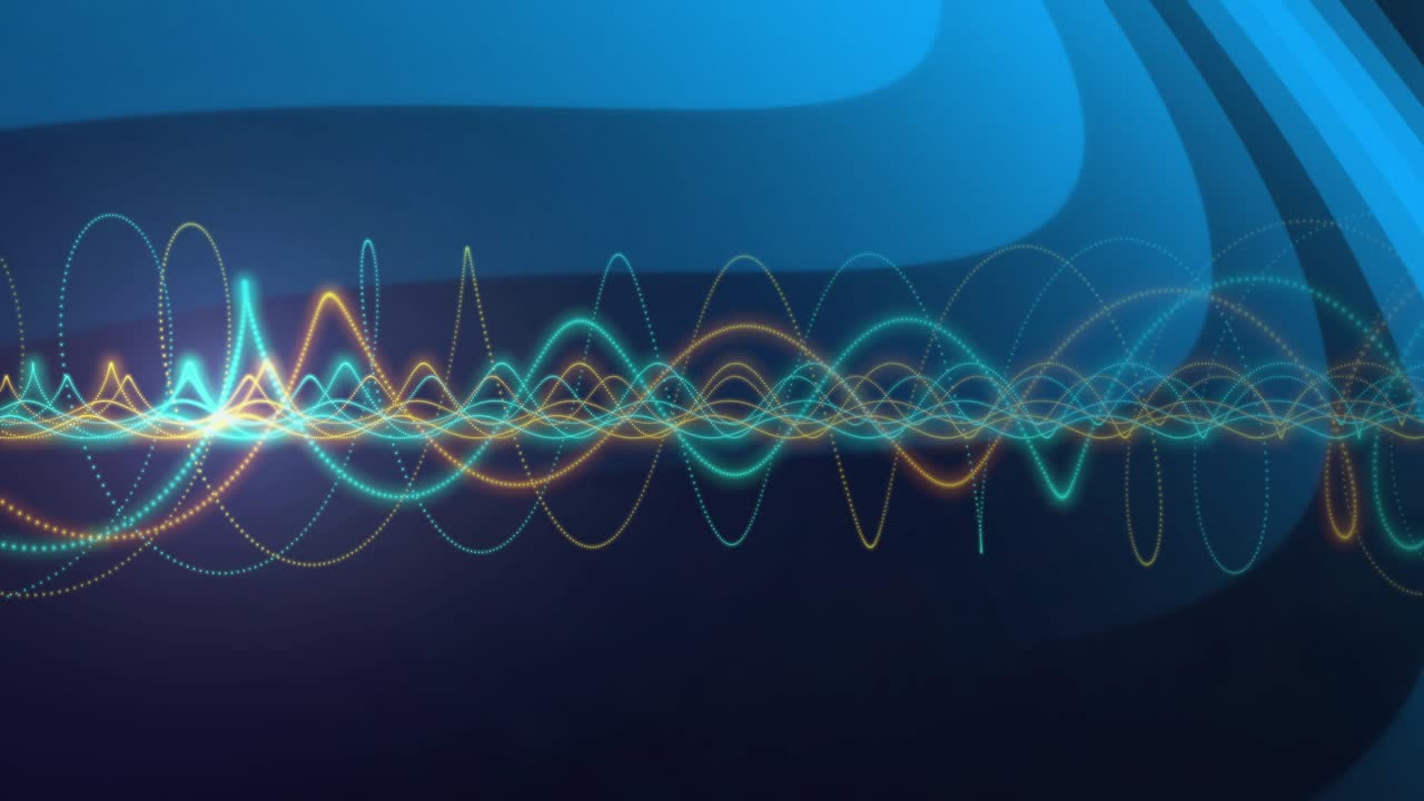 Layered waveforms shifting phase and amplitude on blue ribbons sweeping right, showing signal flow