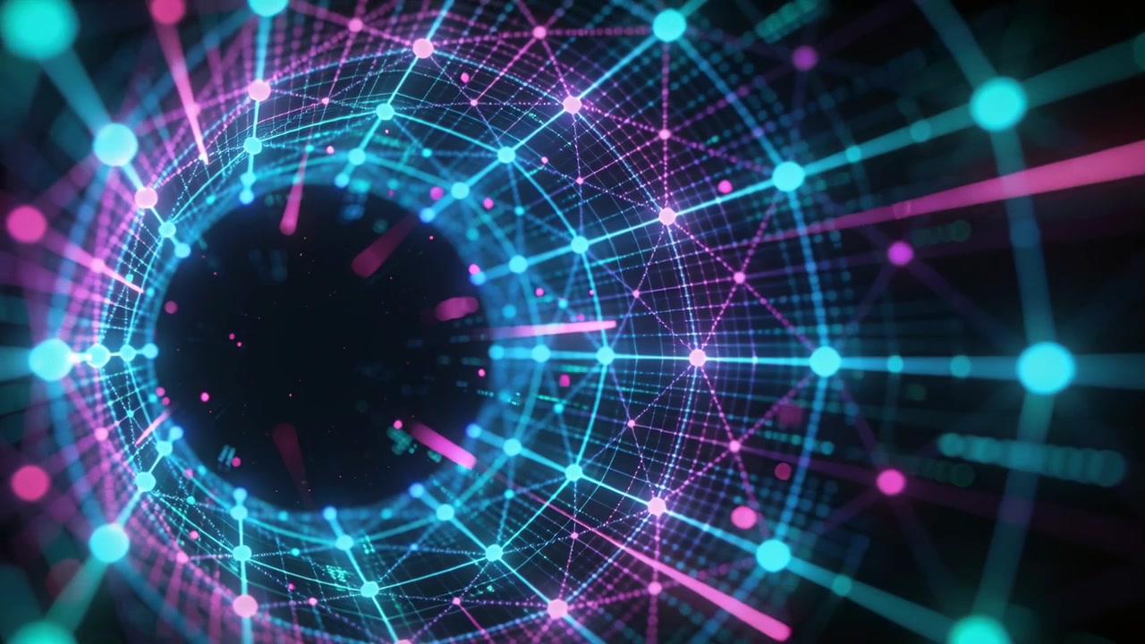 Telecamera che avvia un movimento in avanti per il flusso di dati, con una mesh wireframe che ruota, nodi che pulsano, nel vuoto.