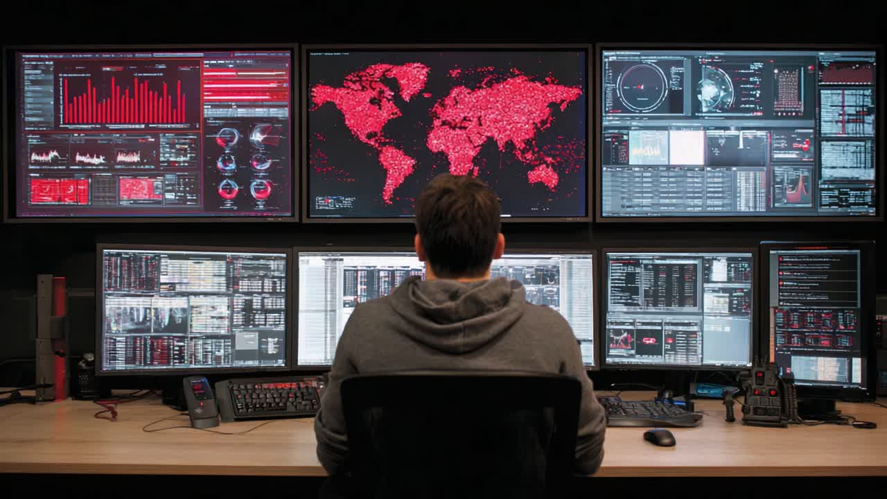Advanced Cybersecurity Monitoring Station: A Focused Analyst Engaged in Data Analysis with Multiple Screens Displaying Global Threats and Information