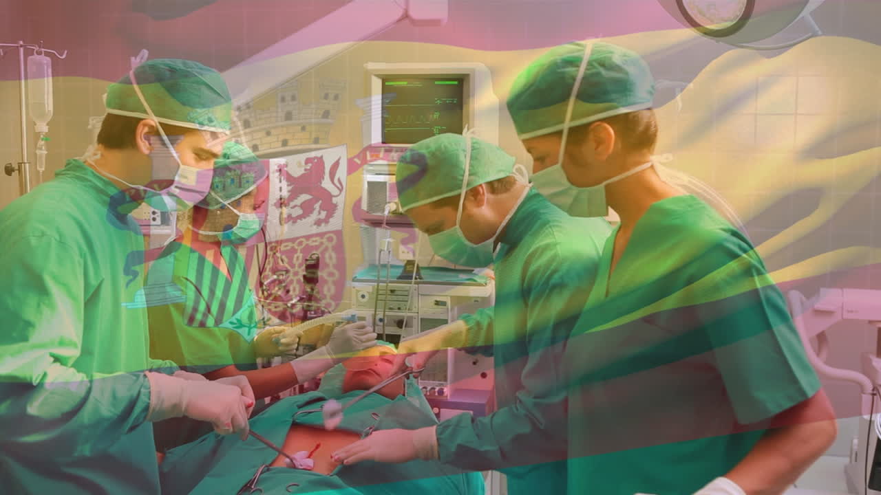 스페인 국기가 마스크를 착용한 다양한 외과 의사 위에 애니메이션으로