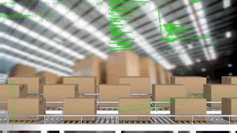 animación del procesamiento de datos sobre pilas de cajas de cartón en cintas transportadoras en el almacén