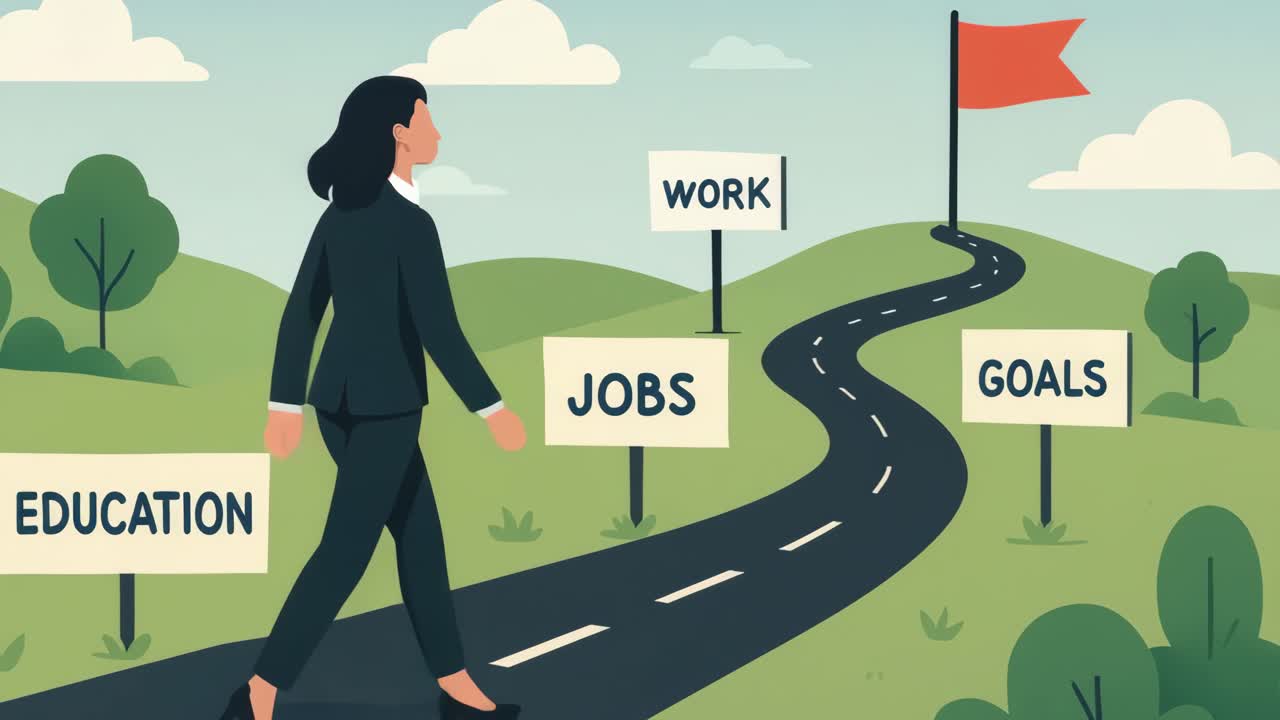 Illustratie van een vrouw die op een kronkelende weg loopt met borden voor onderwijs, banen, werk en doelen