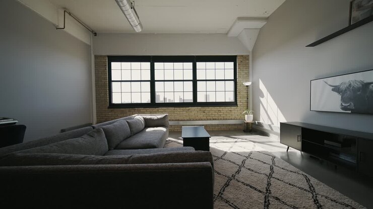 sole che splende attraverso grandi finestre con vetri neri in un soggiorno con un divano all'interno di un moderno loft del condominio del centro