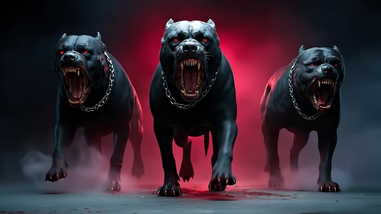 Three black dogs with chains around their necks