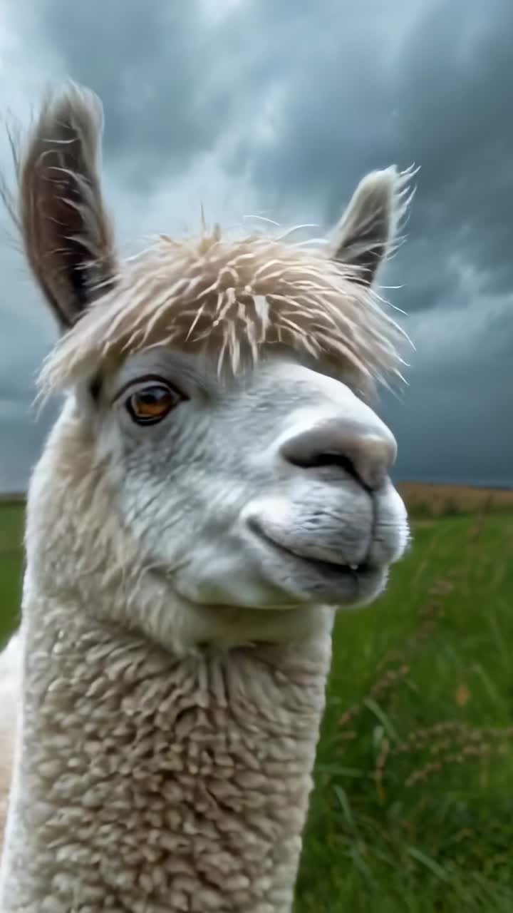 Vertical video: Responding to storm clouds alpaca tilting head and scanning meadow, dark sky