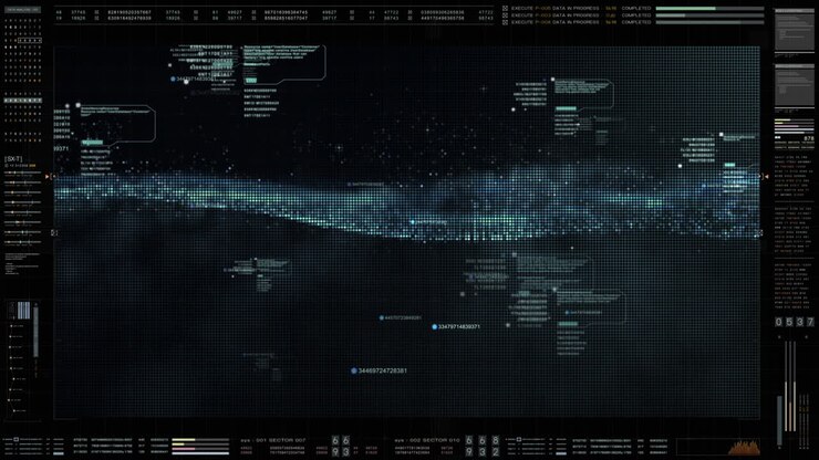 Advance motion graphic futuristic user interface head up display screen with Holographic Machine and digital data telemetry information display for digital background computer desktop display screen