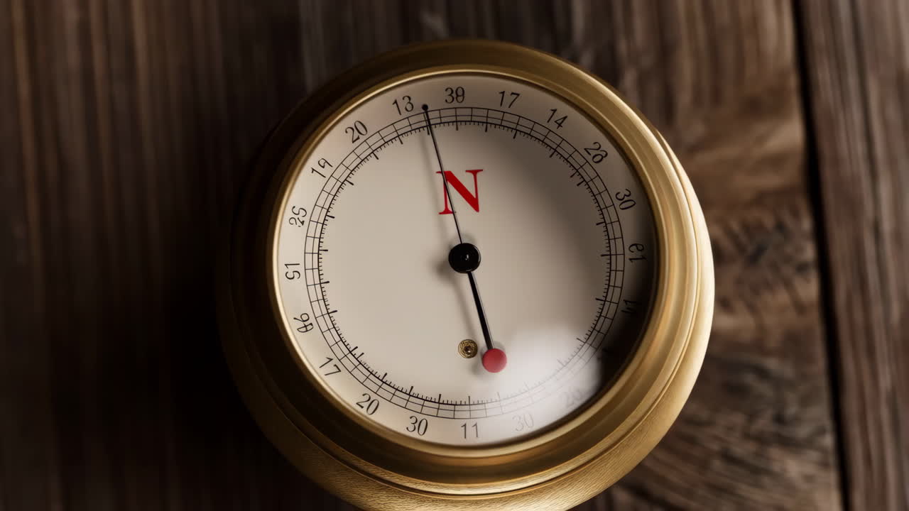 Close-up of a Vintage Brass Compass on Wood